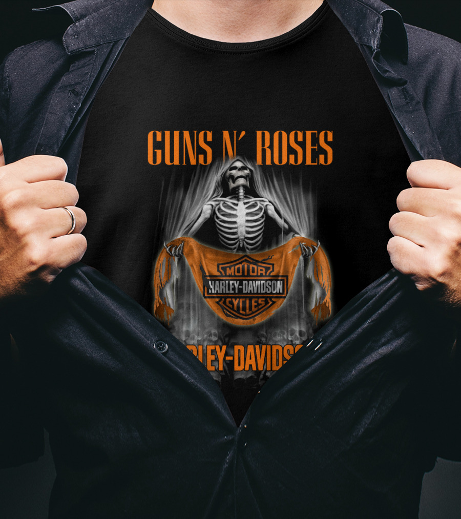 Guns N' Roses Harley Davidson Skeleton Holding Banner T-Shirt