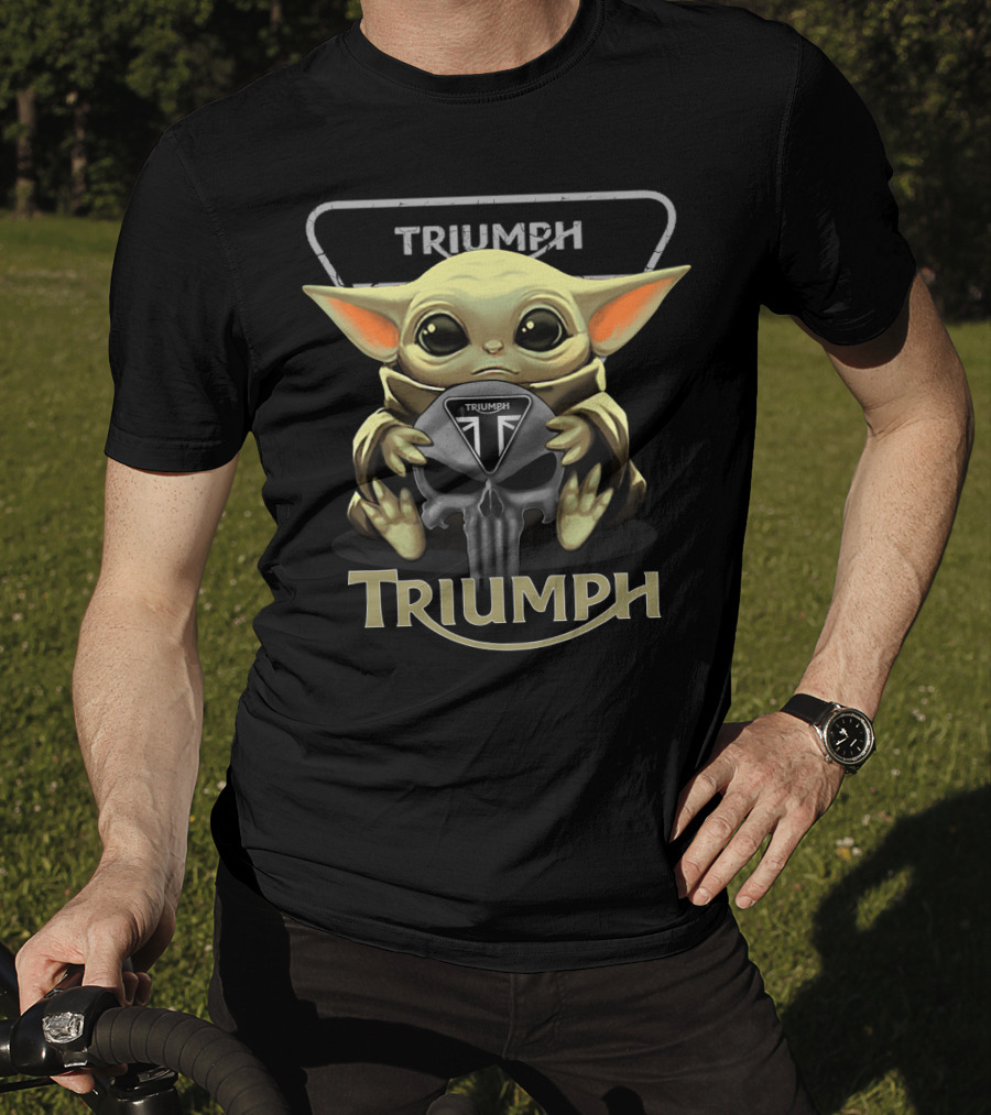 Triumph Motorcycles Baby Yoda Holding Triumph Skull T-Shirt
