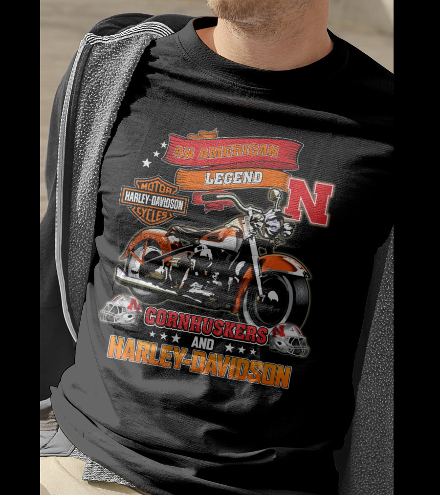 An American Legend Nebraska Cornhuskers And Harley Davidson Motorcycle Cycles T-Shirt