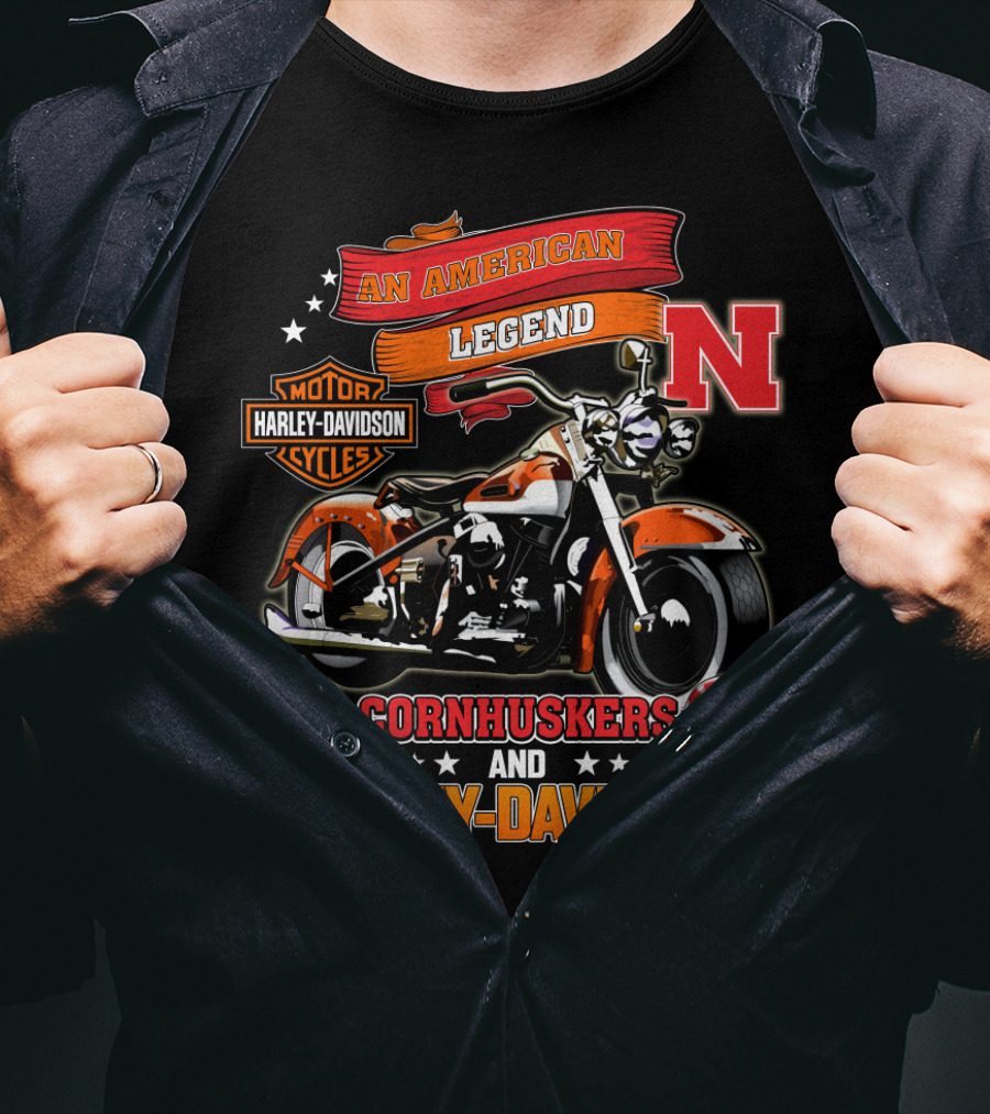 An American Legend Nebraska Cornhuskers And Harley Davidson Motorcycle Cycles T-Shirt