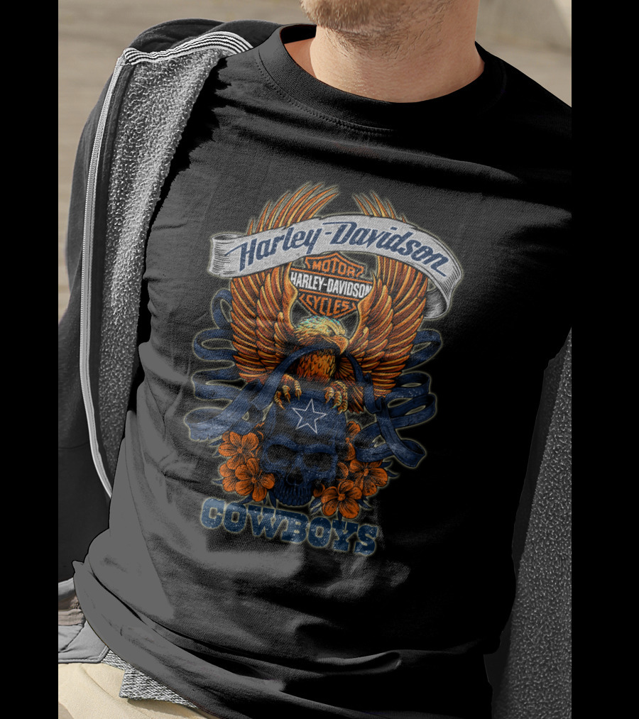 Harley Davidson Motor Cycles Eagle Skull Flowers Cowboys T-Shirt