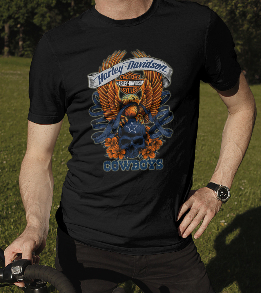 Harley Davidson Motor Cycles Eagle Skull Flowers Cowboys T-Shirt