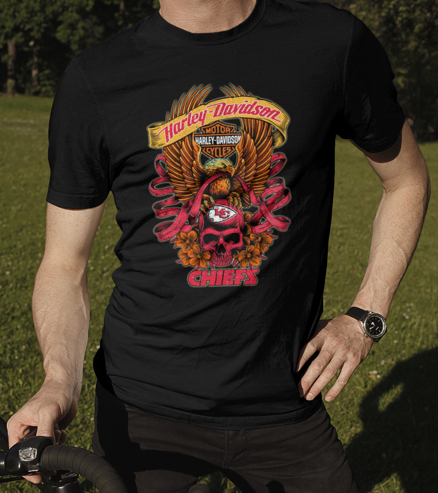 Harley Davidson Kansas City Chiefs Skull Eagle Flowers T-Shirt
