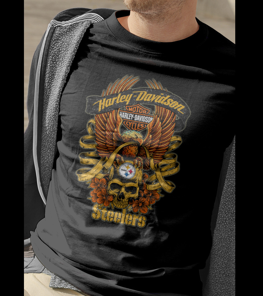 Harley Davidson Pittsburgh Steelers Nfl H5 Motorcycles Cycles Eagle Skull T-Shirt