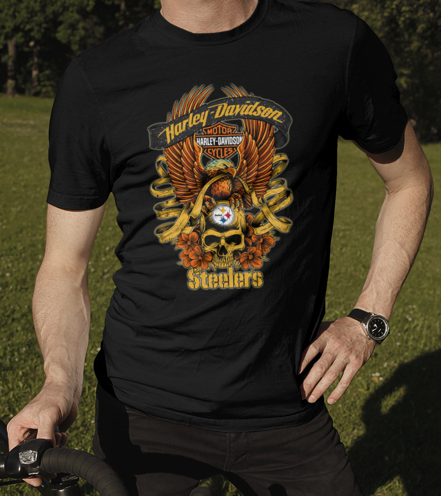 Harley Davidson Pittsburgh Steelers Nfl H5 Motorcycles Cycles Eagle Skull T-Shirt