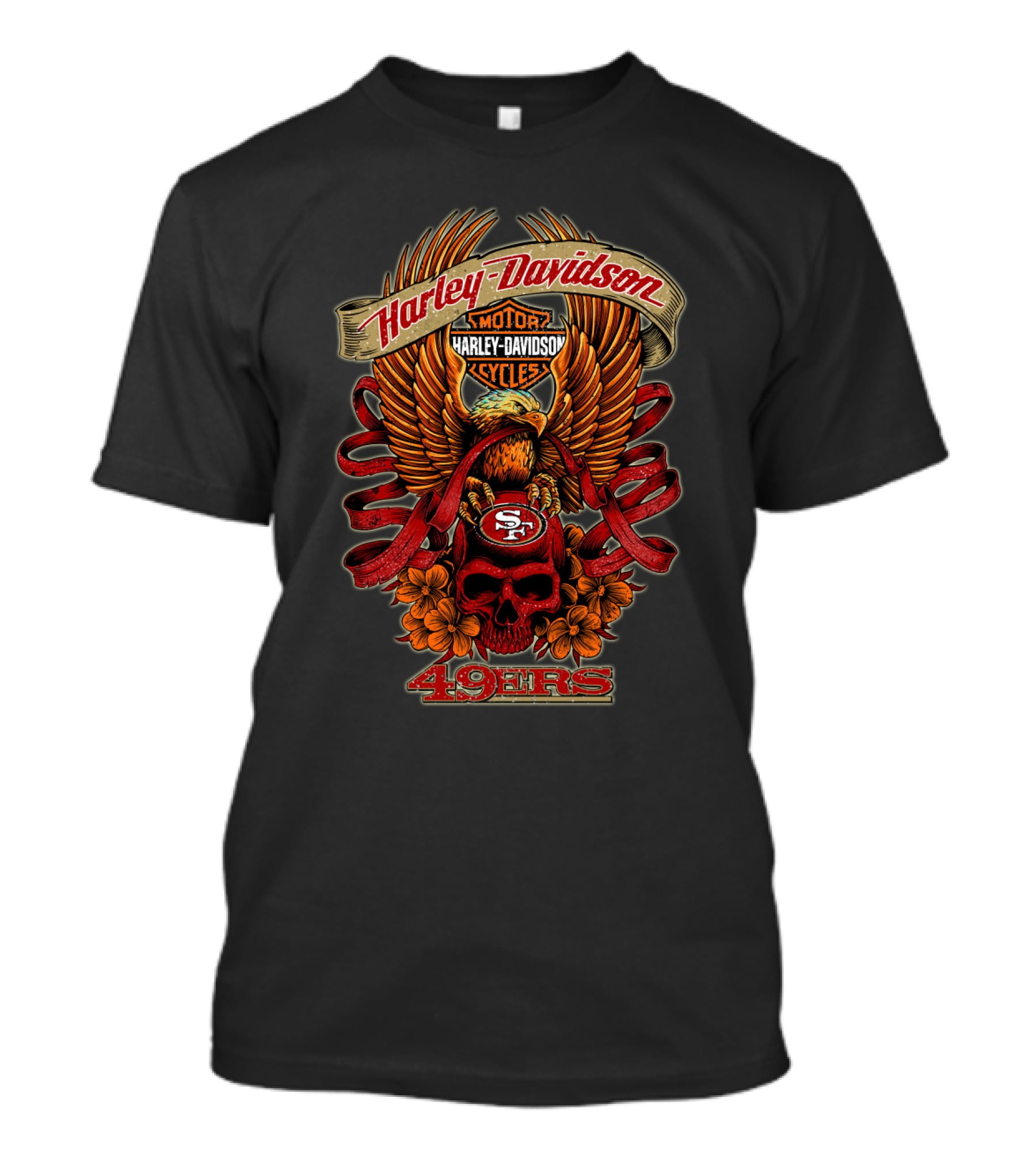 Harley Davidson San Francisco 49ers 49ers Eagle Skull Flowers T-Shirt