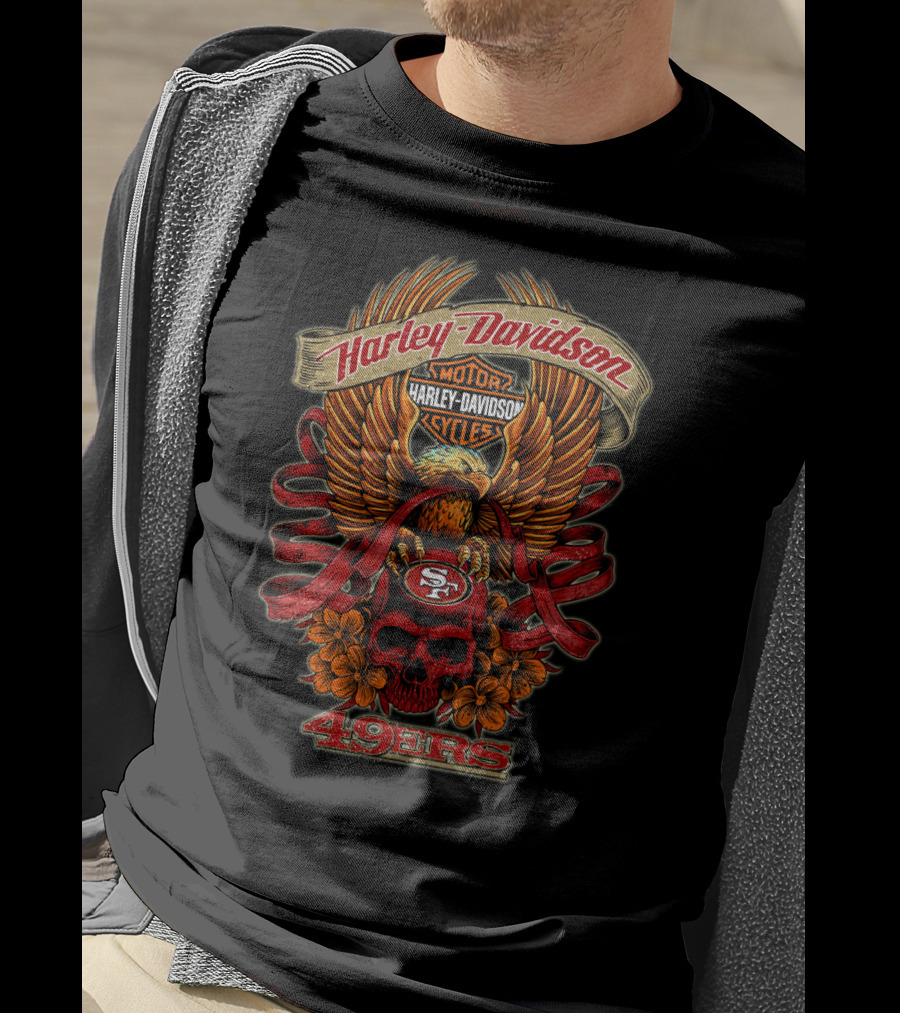 Harley Davidson San Francisco 49ers 49ers Eagle Skull Flowers T-Shirt