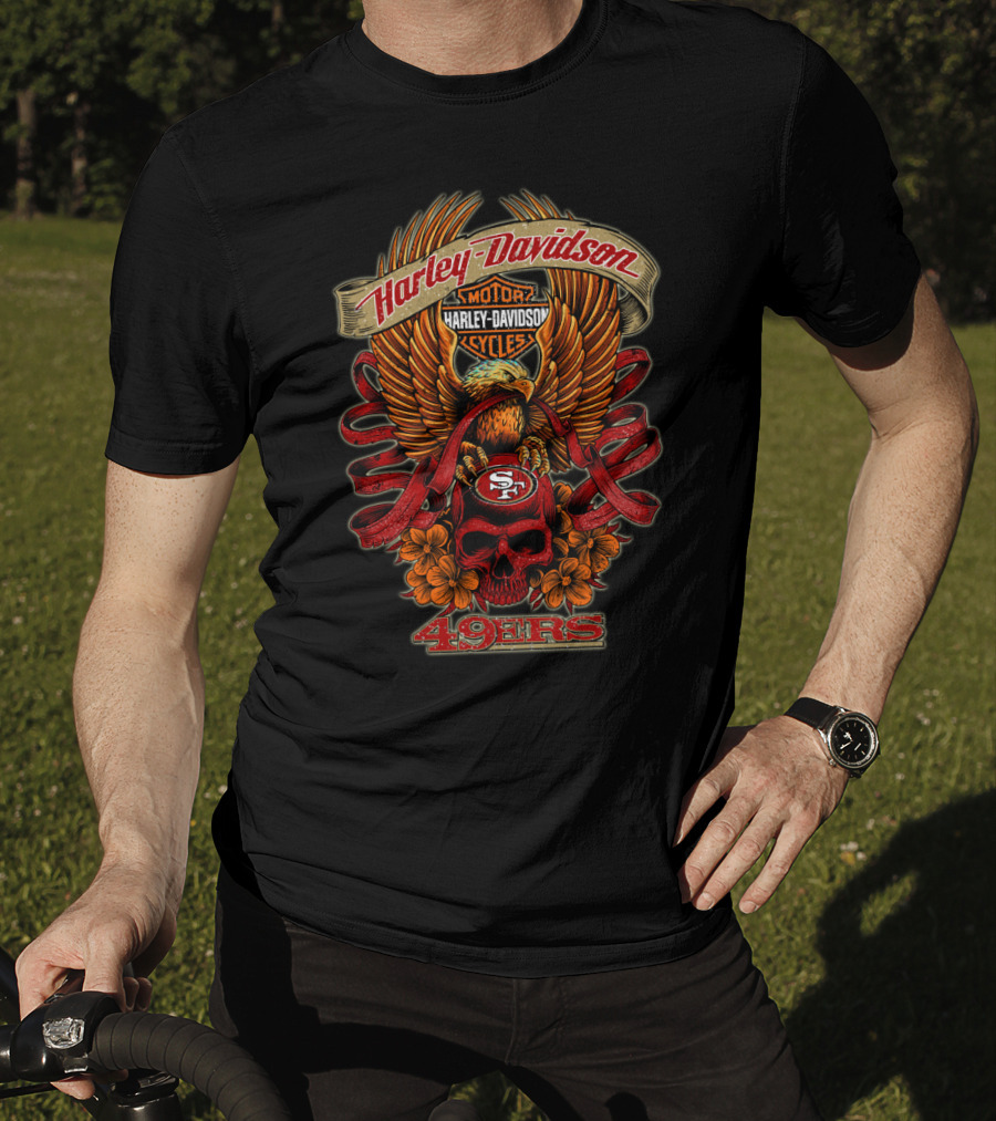 Harley Davidson San Francisco 49ers 49ers Eagle Skull Flowers T-Shirt