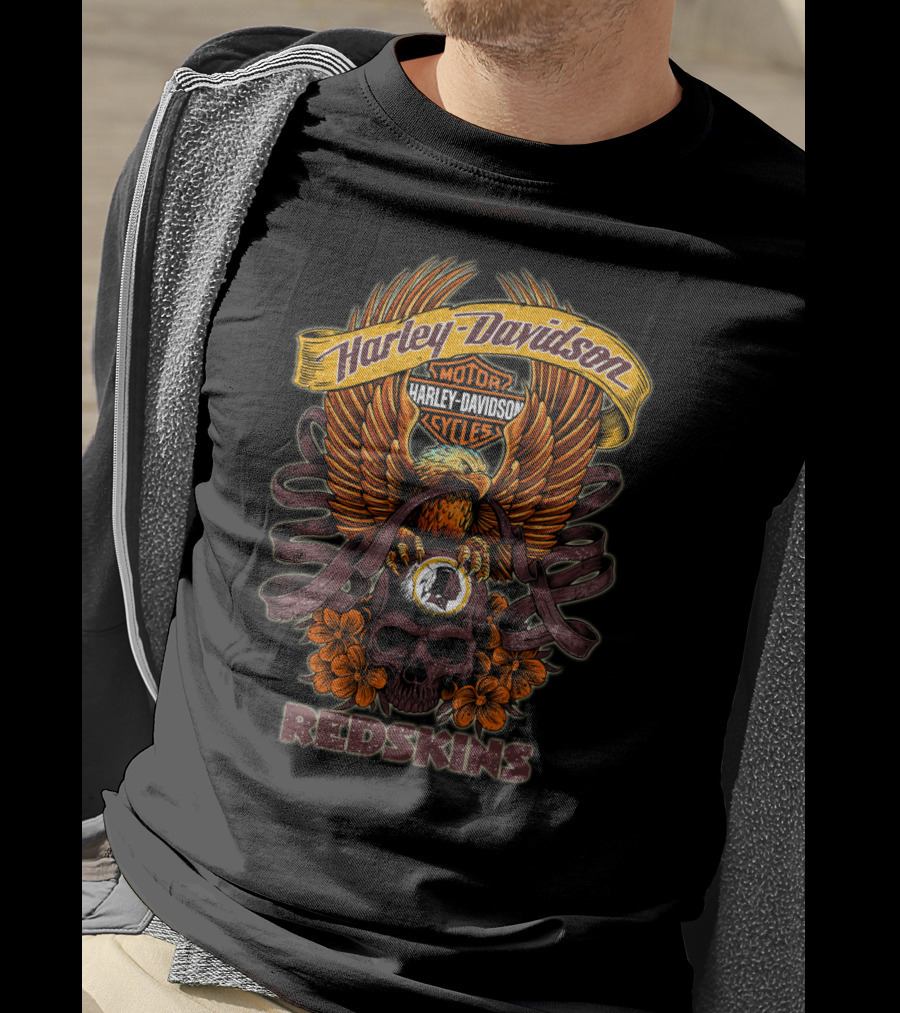 Harley Davidson Motor Cycles Redskins Eagle Skull Flowers T-Shirt