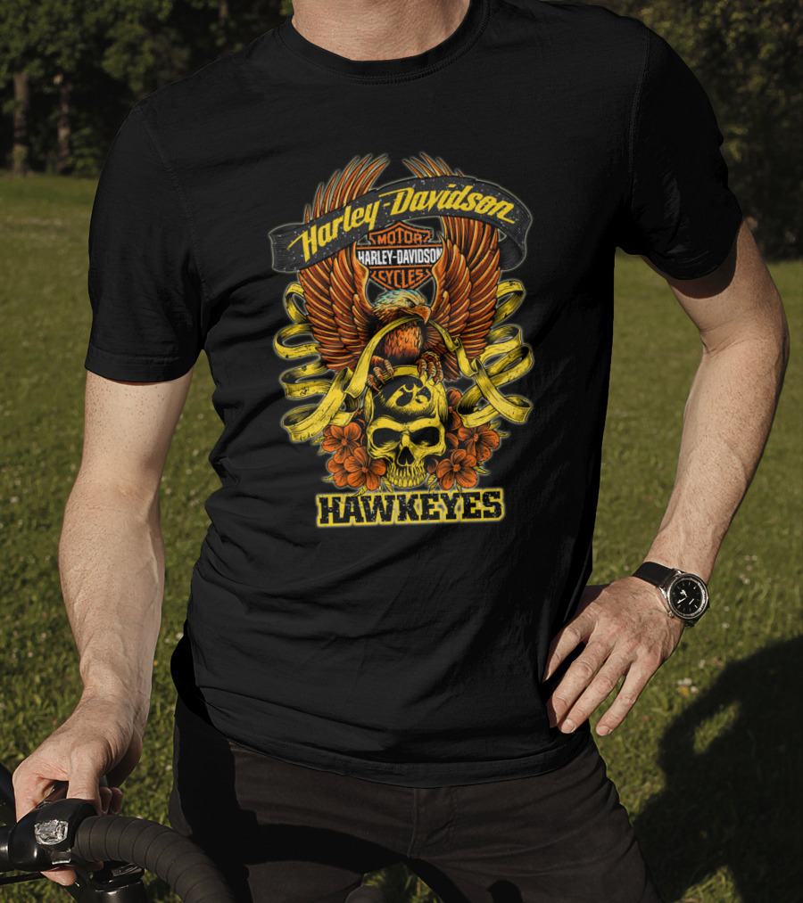 Harley Davidson Motor Cycles Hawkeyes Skull Eagle Winged T-Shirt