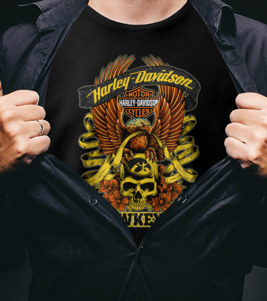 Harley Davidson Motor Cycles Hawkeyes Skull Eagle Winged T-Shirt