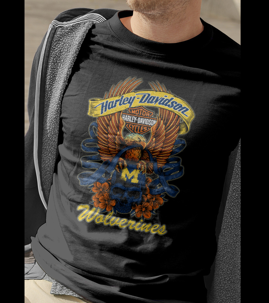 Wolverines Harley Davidson Michigan Motorcycles Eagle Skull T-Shirt