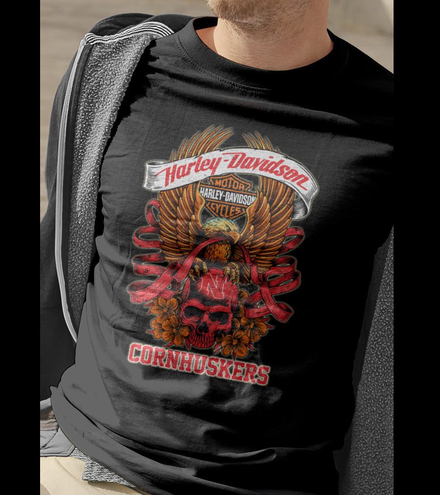 Harley Davidson Motor Cycles Nebraska Cornhuskers Eagle And Skull T-Shirt