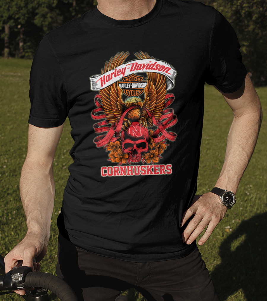 Harley Davidson Motor Cycles Nebraska Cornhuskers Eagle And Skull T-Shirt