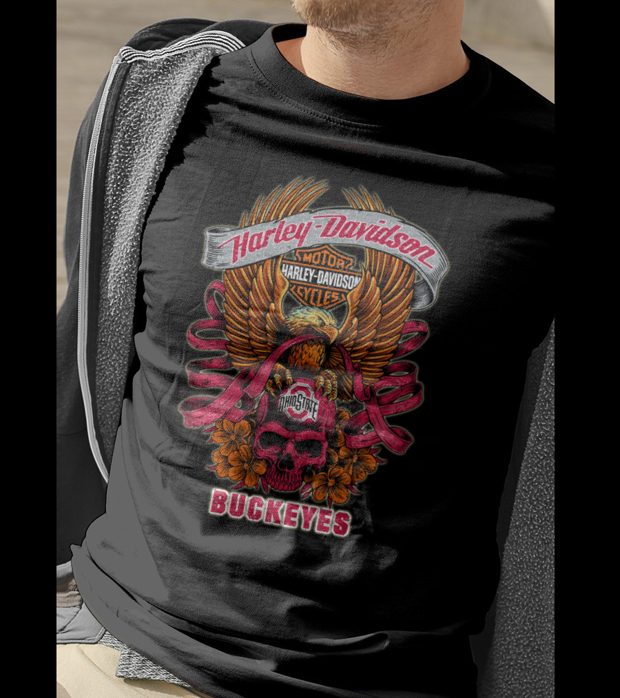 Harley Davidson Ohio State Buckeyes Skull And Eagle T-Shirt