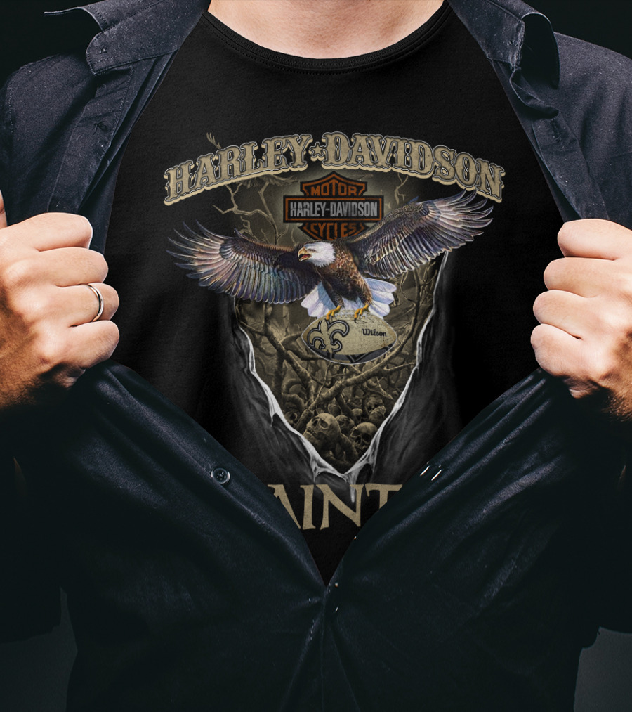 Harley Davidson Motor Cycles Eagle New Orleans Saints T-Shirt
