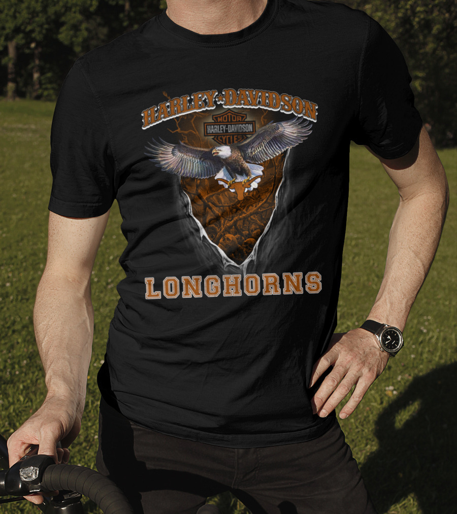 Harley Davidson Motorcycles Longhorns Eagle Motif T-Shirt