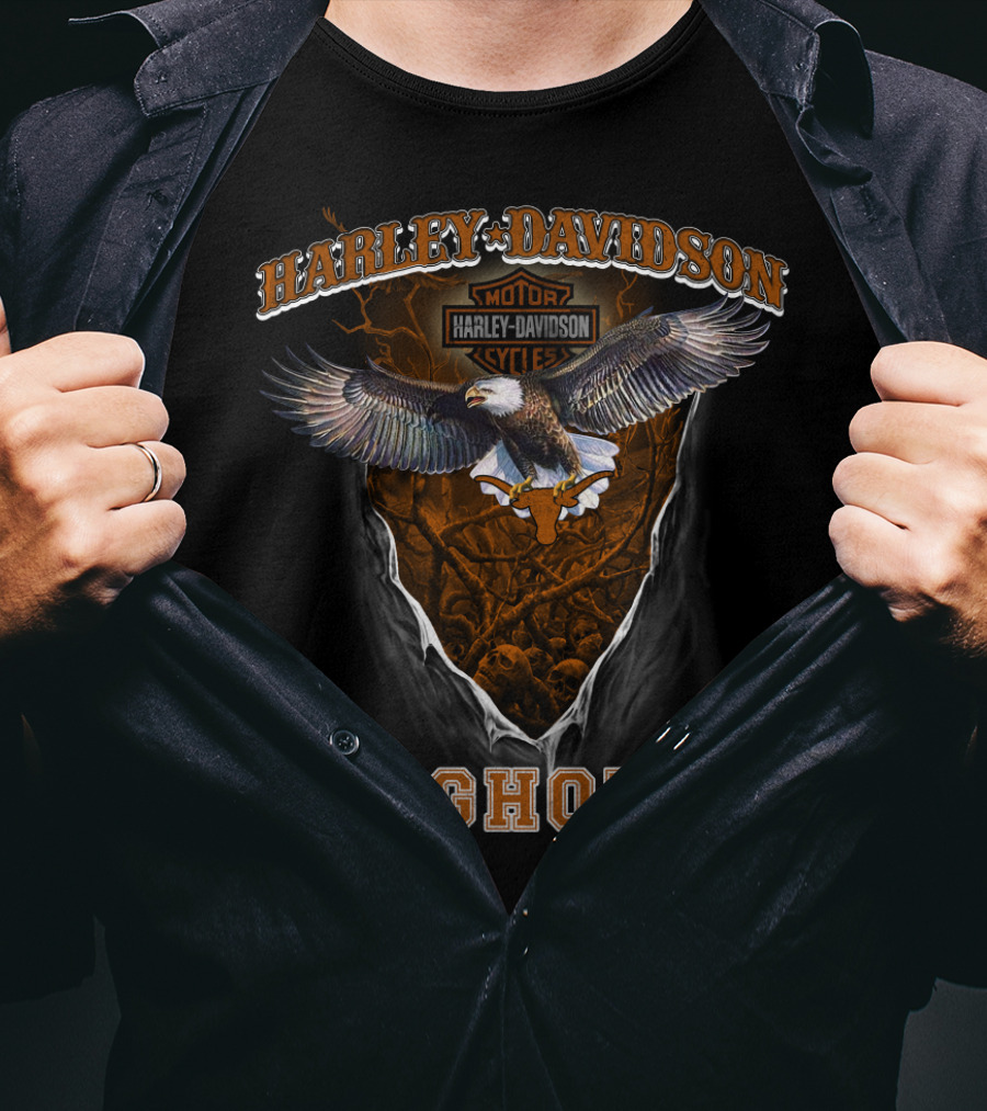 Harley Davidson Motorcycles Longhorns Eagle Motif T-Shirt