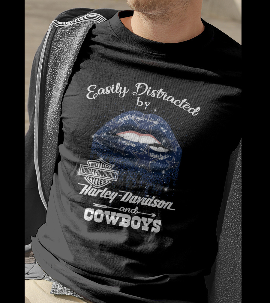 Easily Distracted By Harley Davidson And Cowboys Lips Stars T-Shirt