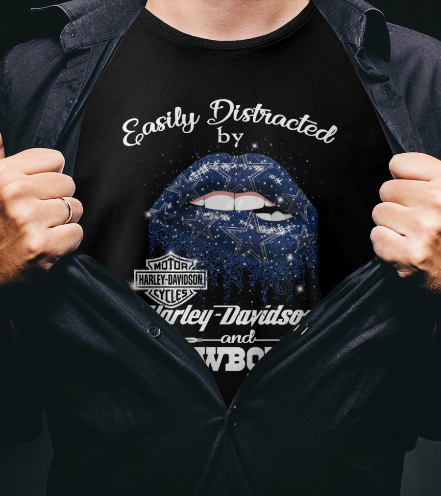 Easily Distracted By Harley Davidson And Cowboys Lips Stars T-Shirt