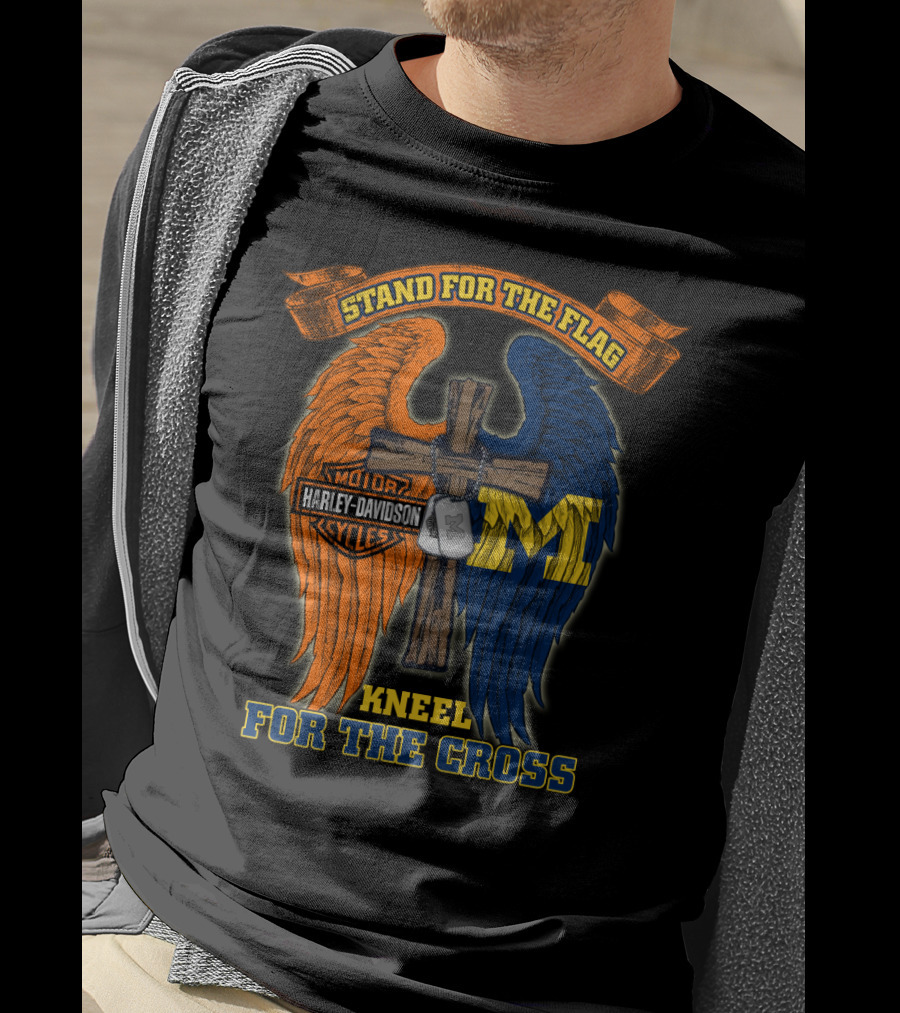 Stand For The Flag Kneel For The Cross Harley Davidson Michigan Wolverines T-Shirt