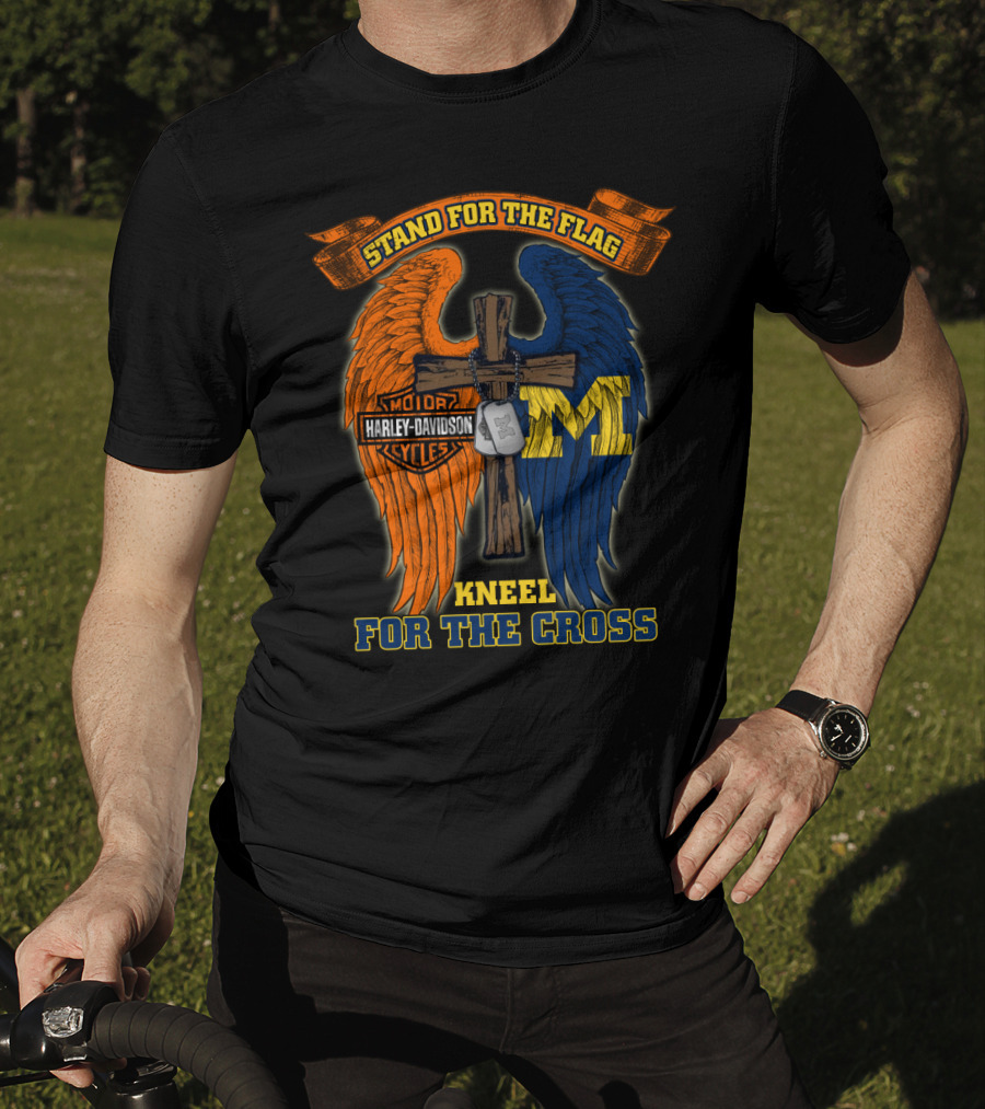 Stand For The Flag Kneel For The Cross Harley Davidson Michigan Wolverines T-Shirt