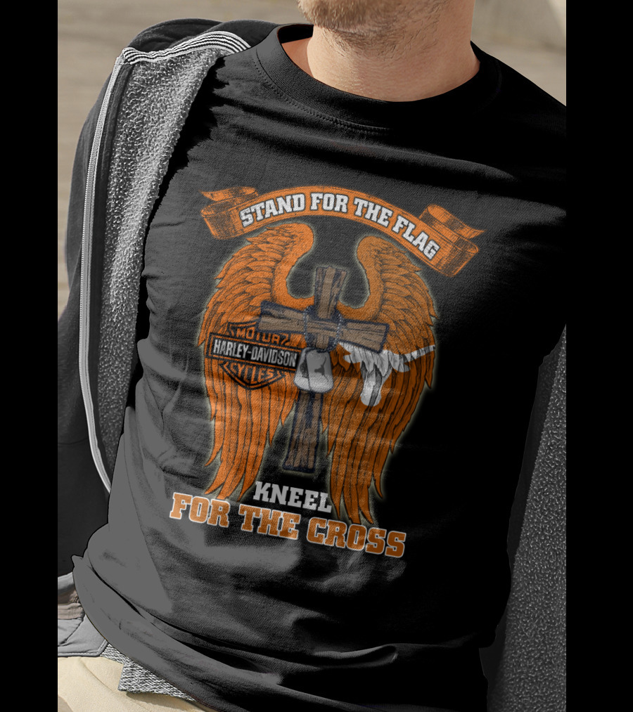 Stand For The Flag Kneel For The Cross Harley Davidson Wings Texas Longhorns T-Shirt