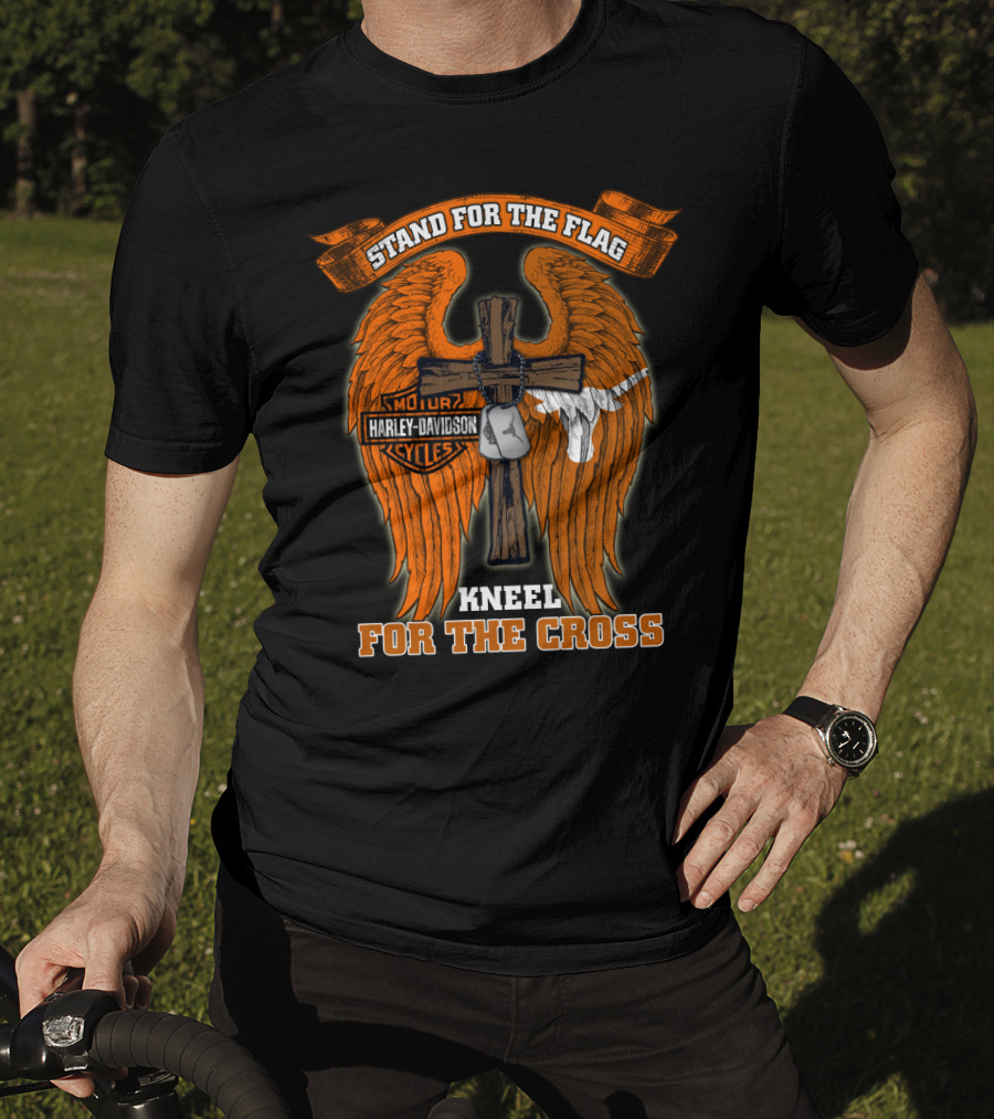Stand For The Flag Kneel For The Cross Harley Davidson Wings Texas Longhorns T-Shirt