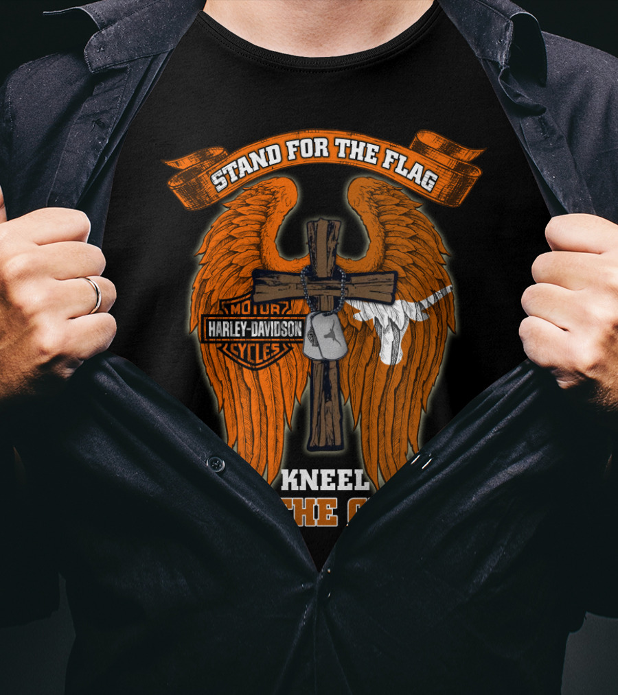 Stand For The Flag Kneel For The Cross Harley Davidson Wings Texas Longhorns T-Shirt