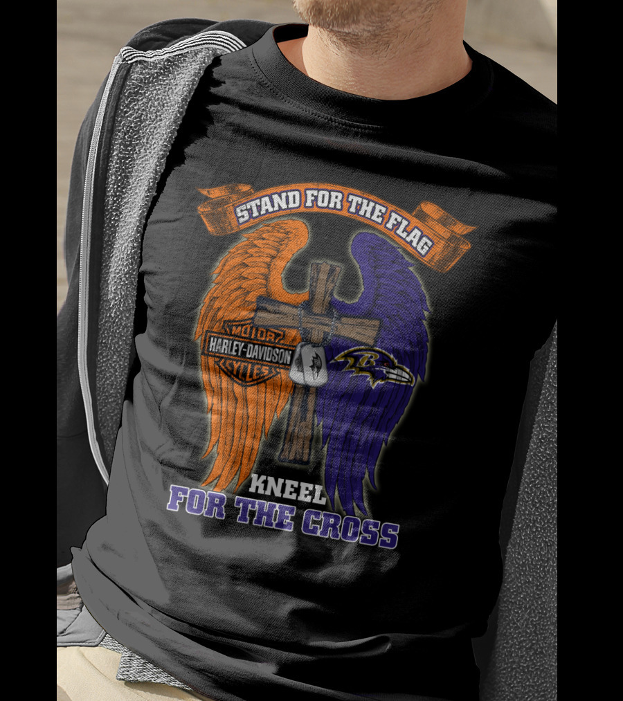 Stand For The Flag Kneel For The Cross Harley Davidson Motorcycles Baltimore Ravens T-Shirt