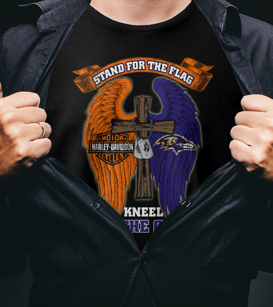 Stand For The Flag Kneel For The Cross Harley Davidson Motorcycles Baltimore Ravens T-Shirt