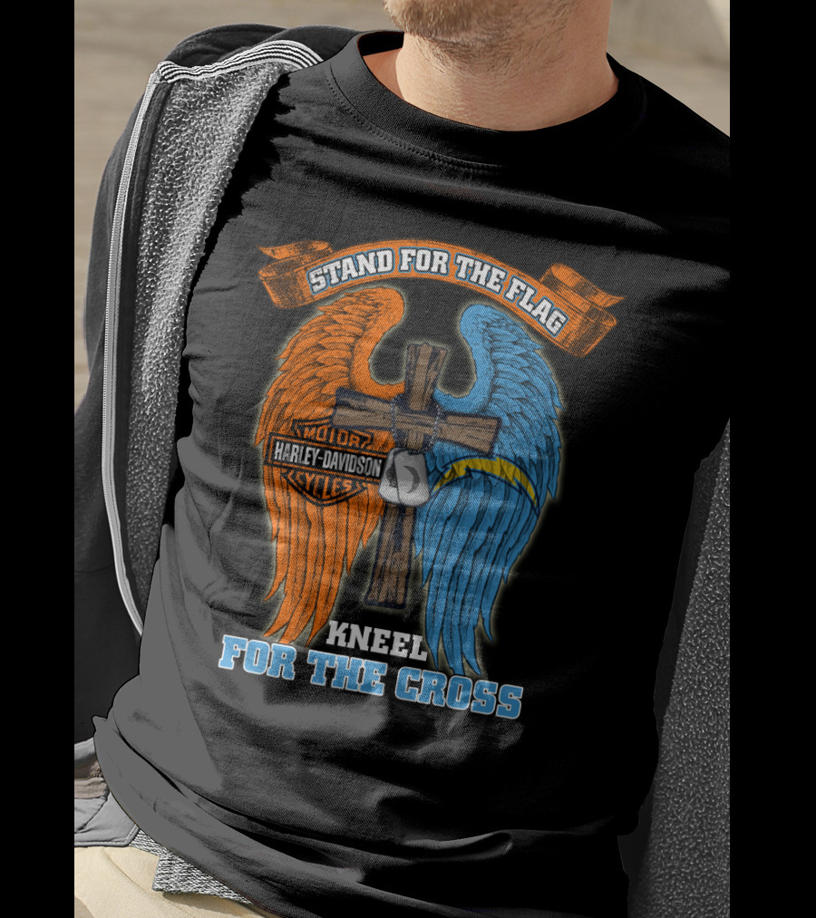 Stand For The Flag Kneel For The Cross Harley Davidson Los Angeles Chargers T-Shirt