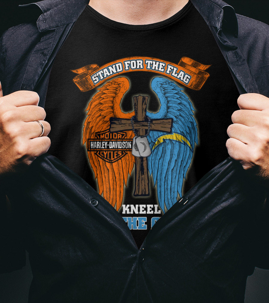 Stand For The Flag Kneel For The Cross Harley Davidson Los Angeles Chargers T-Shirt