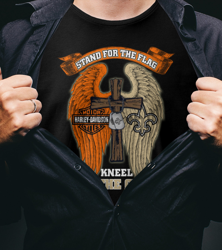 Stand For The Flag Kneel For The Cross Harley Davidson New Orleans Saints T-Shirt