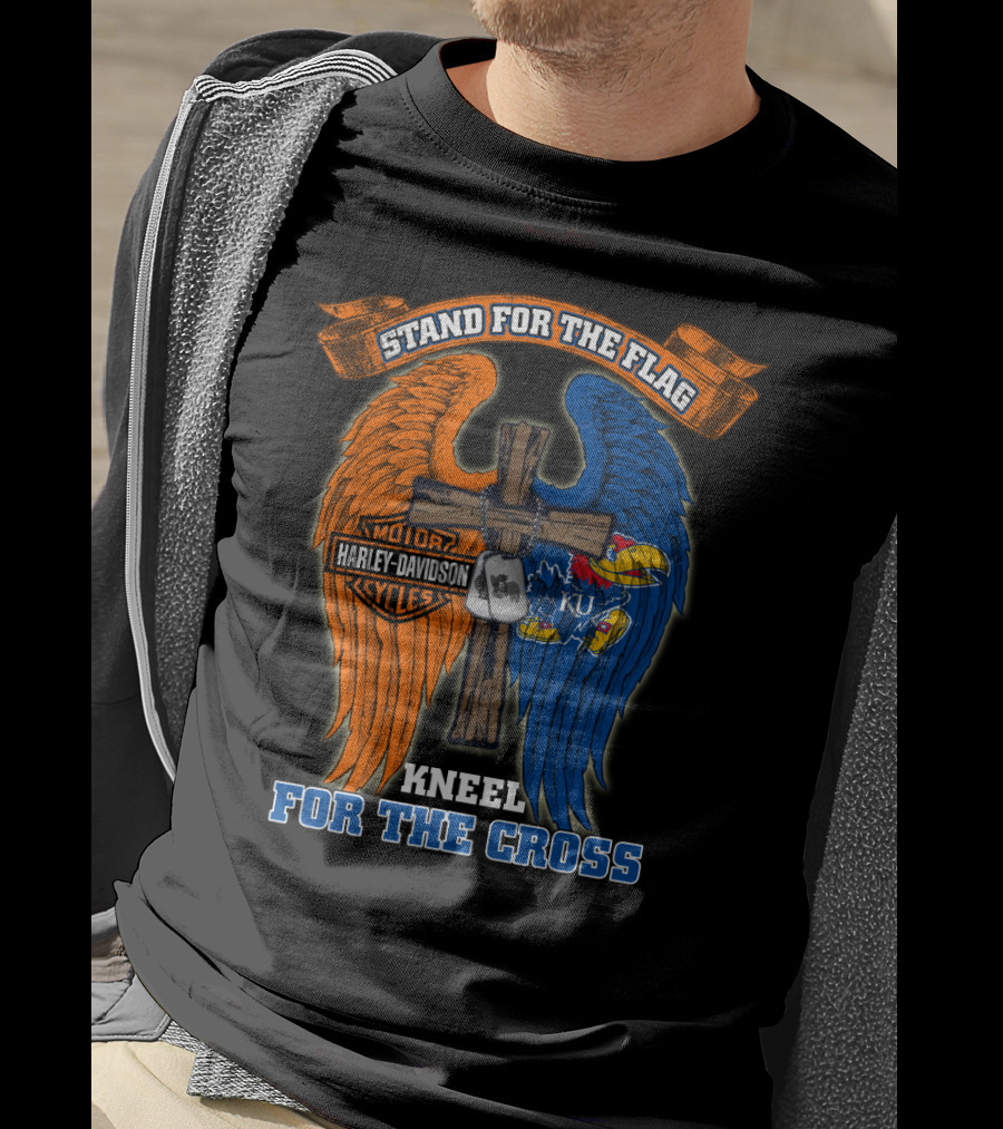 Stand For The Flag Kneel For The Cross Harley Davidson Motorcycles Kansas Jayhawks Ku T-Shirt