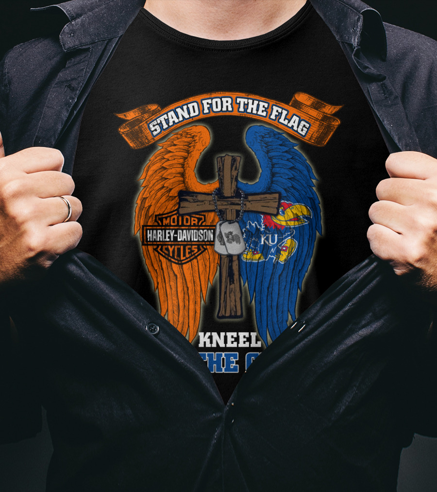 Stand For The Flag Kneel For The Cross Harley Davidson Motorcycles Kansas Jayhawks Ku T-Shirt