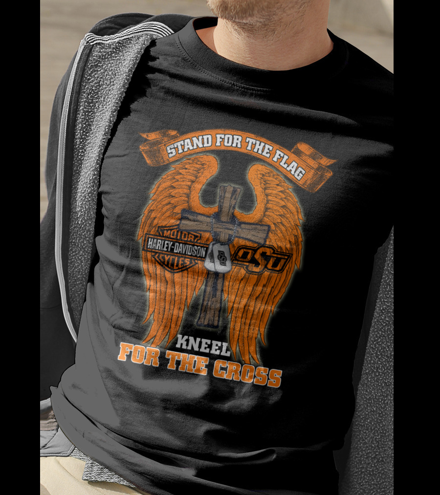Stand For The Flag Kneel For The Cross Harley Davidson Osu Oklahoma State Cowboys T-Shirt