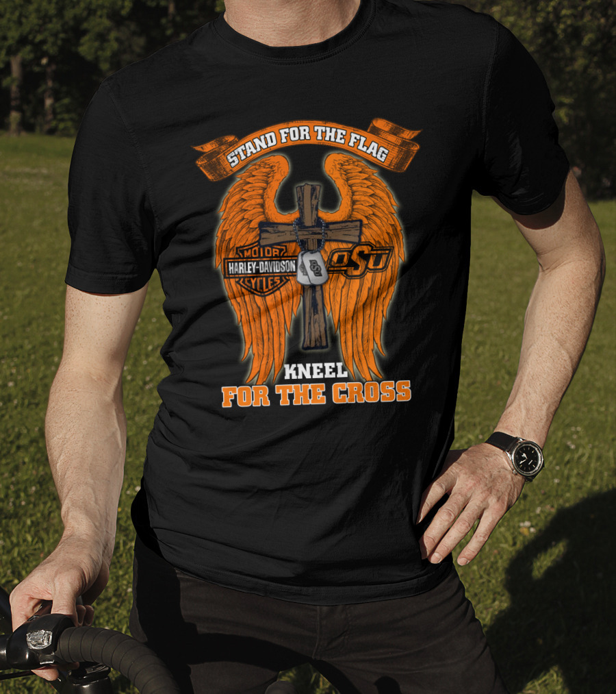Stand For The Flag Kneel For The Cross Harley Davidson Osu Oklahoma State Cowboys T-Shirt