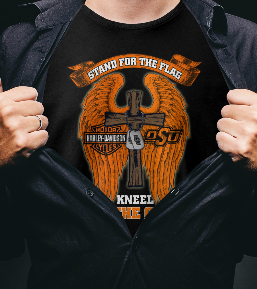 Stand For The Flag Kneel For The Cross Harley Davidson Osu Oklahoma State Cowboys T-Shirt