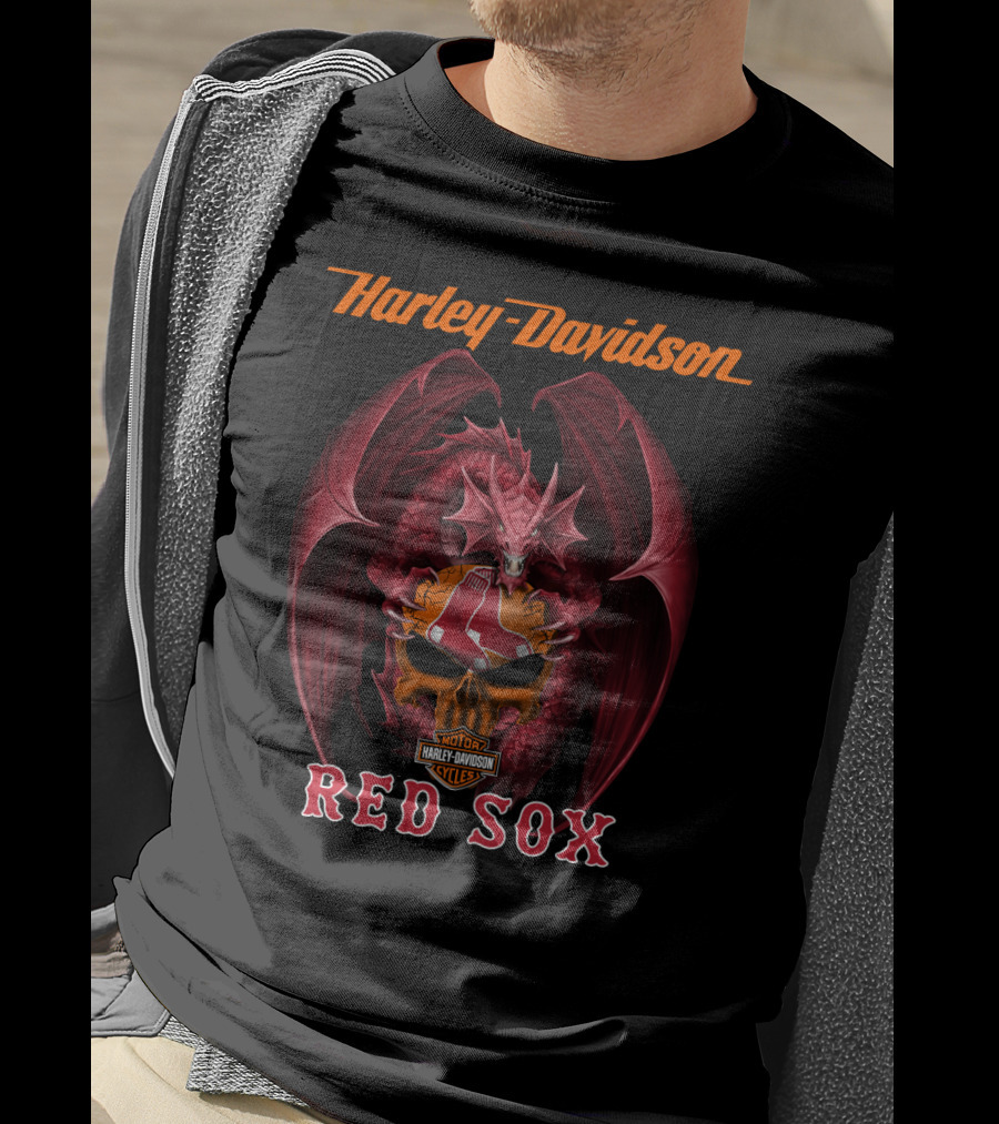 Harley Davidson Red Sox Dragon Skull Motor Cycles T-Shirt