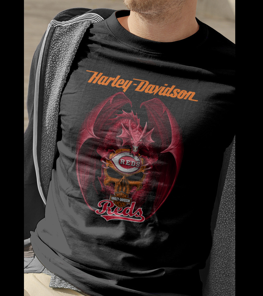 Harley Davidson Motor Cycles Reds Dragon Cincinnati Reds T-Shirt