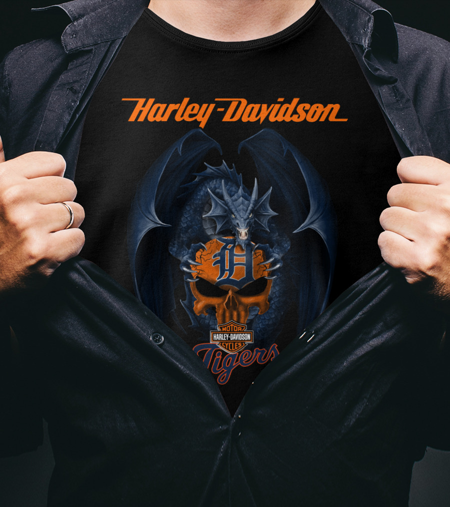 Harley Davidson Detroit Tigers Dragon Motor Cycles T-Shirt