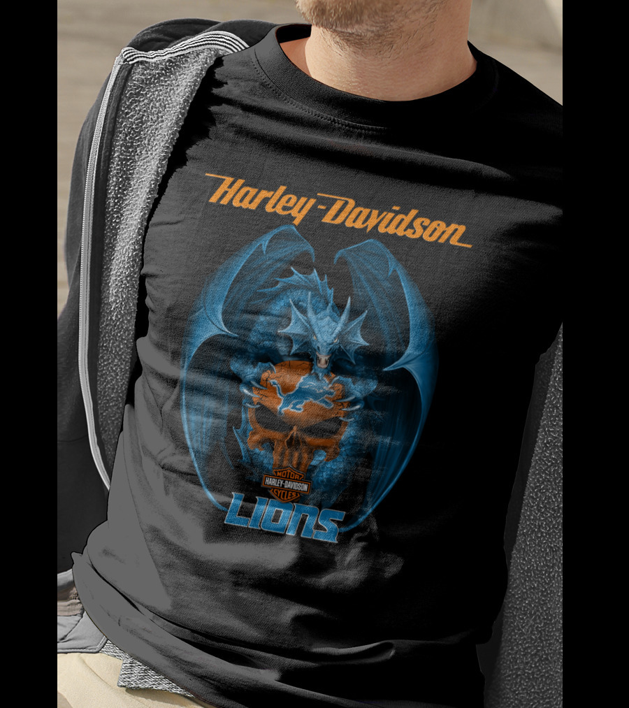 Harley Davidson Detroit Lions Blue Dragon Skulls T-Shirt