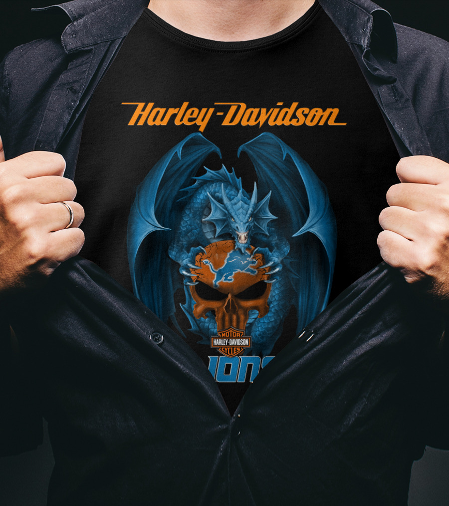 Harley Davidson Detroit Lions Blue Dragon Skulls T-Shirt