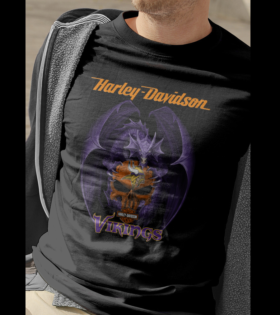 Harley Davidson Minnesota Vikings Dragon Skull Nfl T-Shirt