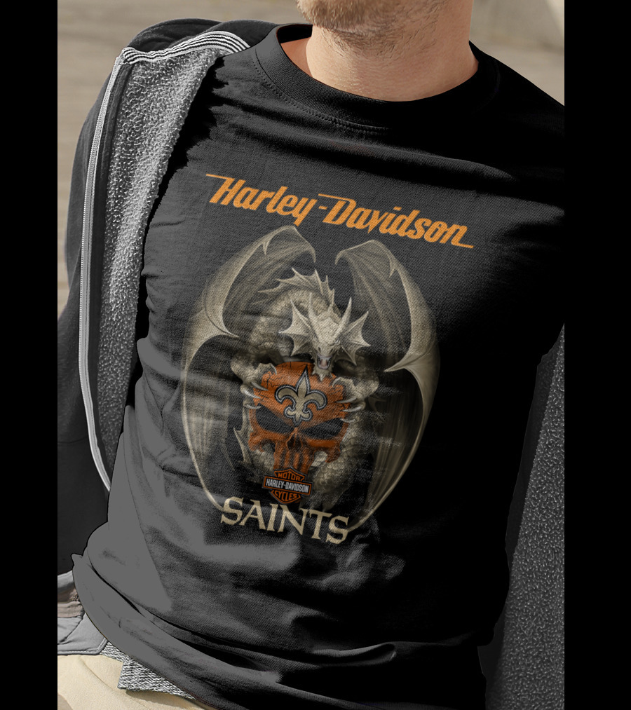 Harley Davidson Motorcycles Dragon Skull Saints New Orleans T-Shirt