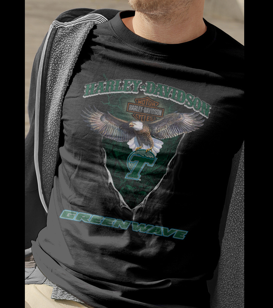 Harley Davidson Tulane Green Wave Eagle Logo Motorcycle Cycle T-Shirt