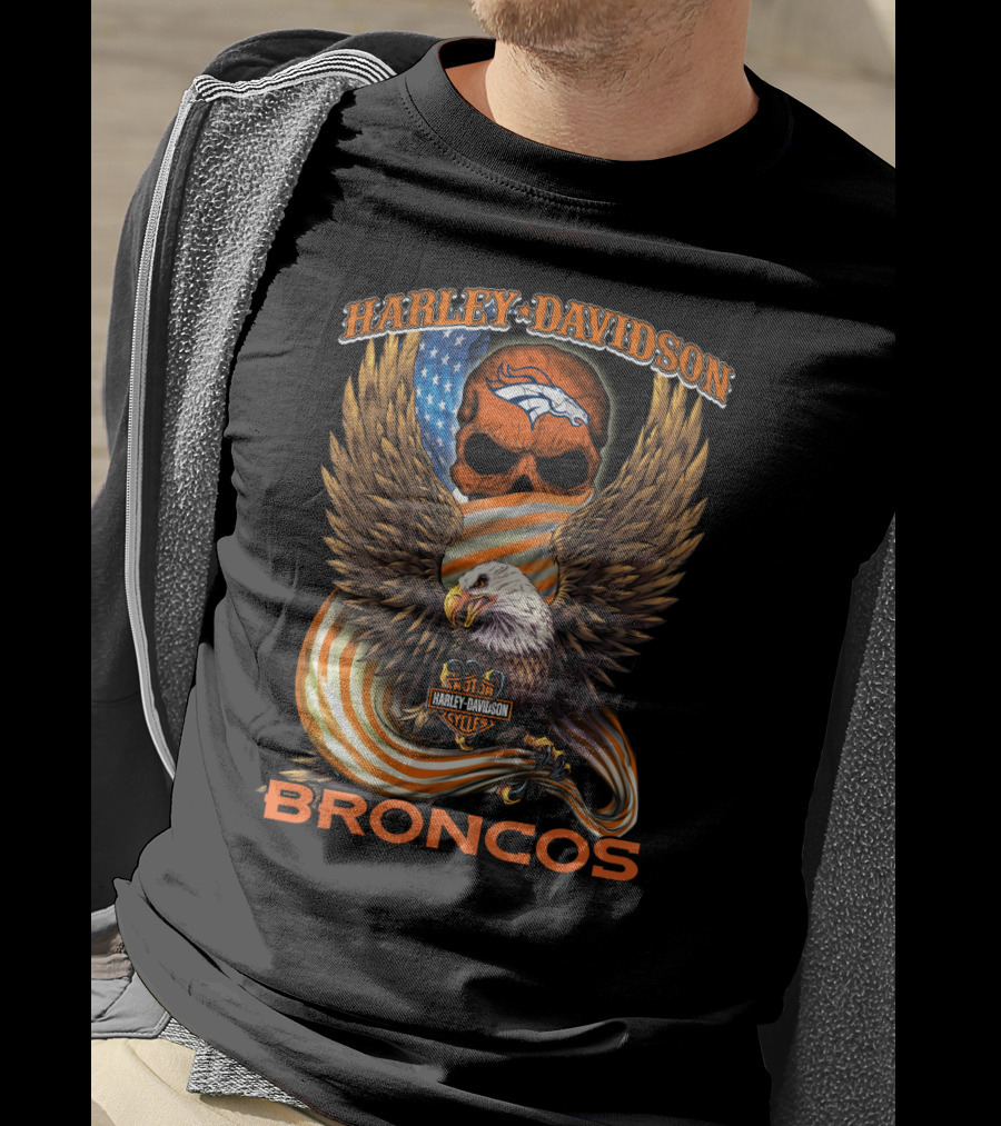 Harley Davidson Denver Broncos American Eagle Usa Skulls T-Shirt