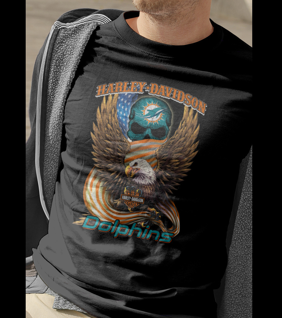 Harley Davidson Miami Dolphins Hl6 Cycles Eagle Flag Skull T-Shirt