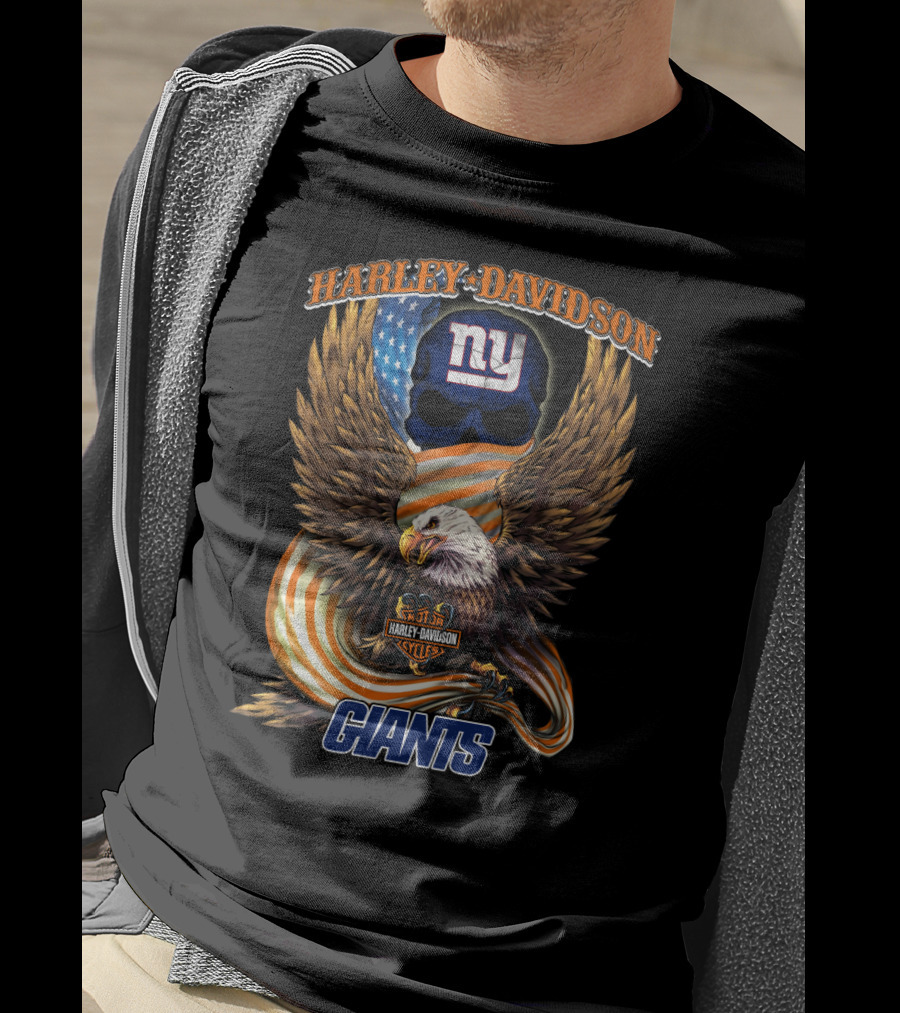Harley Davidson New York Giants American Eagle Nfl Skull Usa Flag T-Shirt